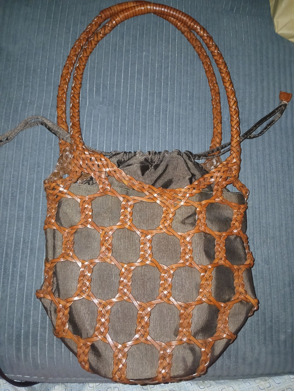 Escada Sport shoulder bag featuring a brown open-work macramé net design.